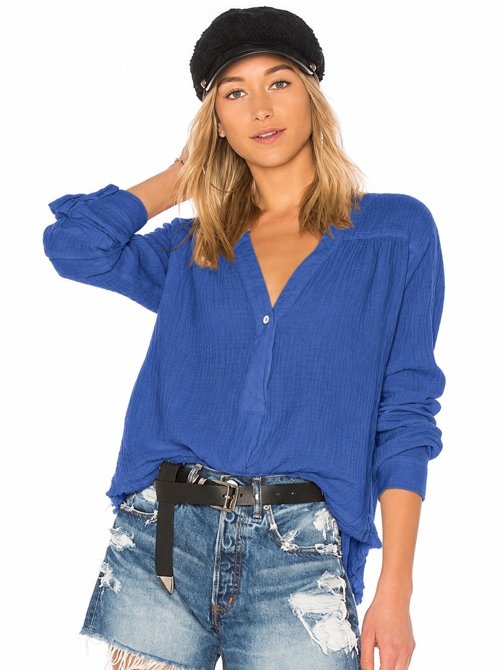 Free People Sand Dune Henley Blue Cotton Gauze Top XS